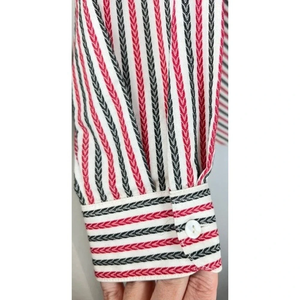 Foxcroft Non Iron Button Up Shirt Sz 12 Red Black Diagonal Stripe Preppy Boho - Picture 7 of 13